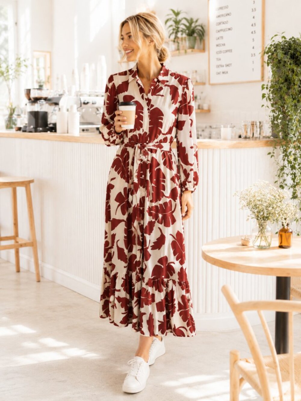 ZARA Floral Maxi Dress, Brown & Cream, 4-6, Belted, Button Front, Summer, Work